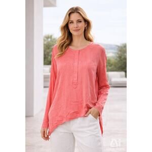 Go by GoSilk Women's Med Pink Silk Blend Lg Sleeve Hi Low Pullover Blouse top